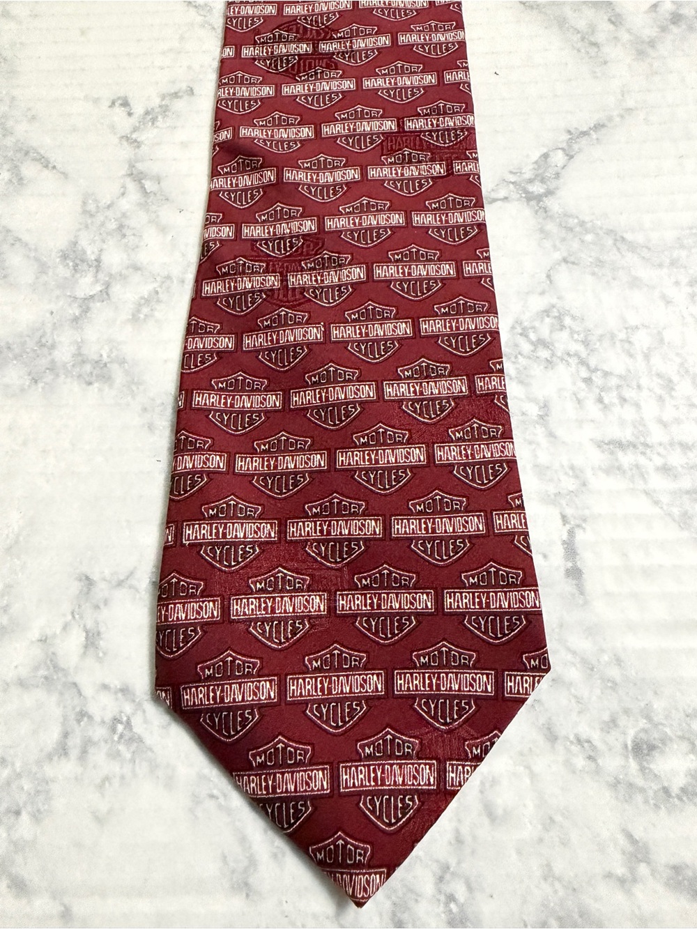 Ralph Marlin 90s Harley Davidson Classic Iconic Logo Burgundy Silk Tie RM Style